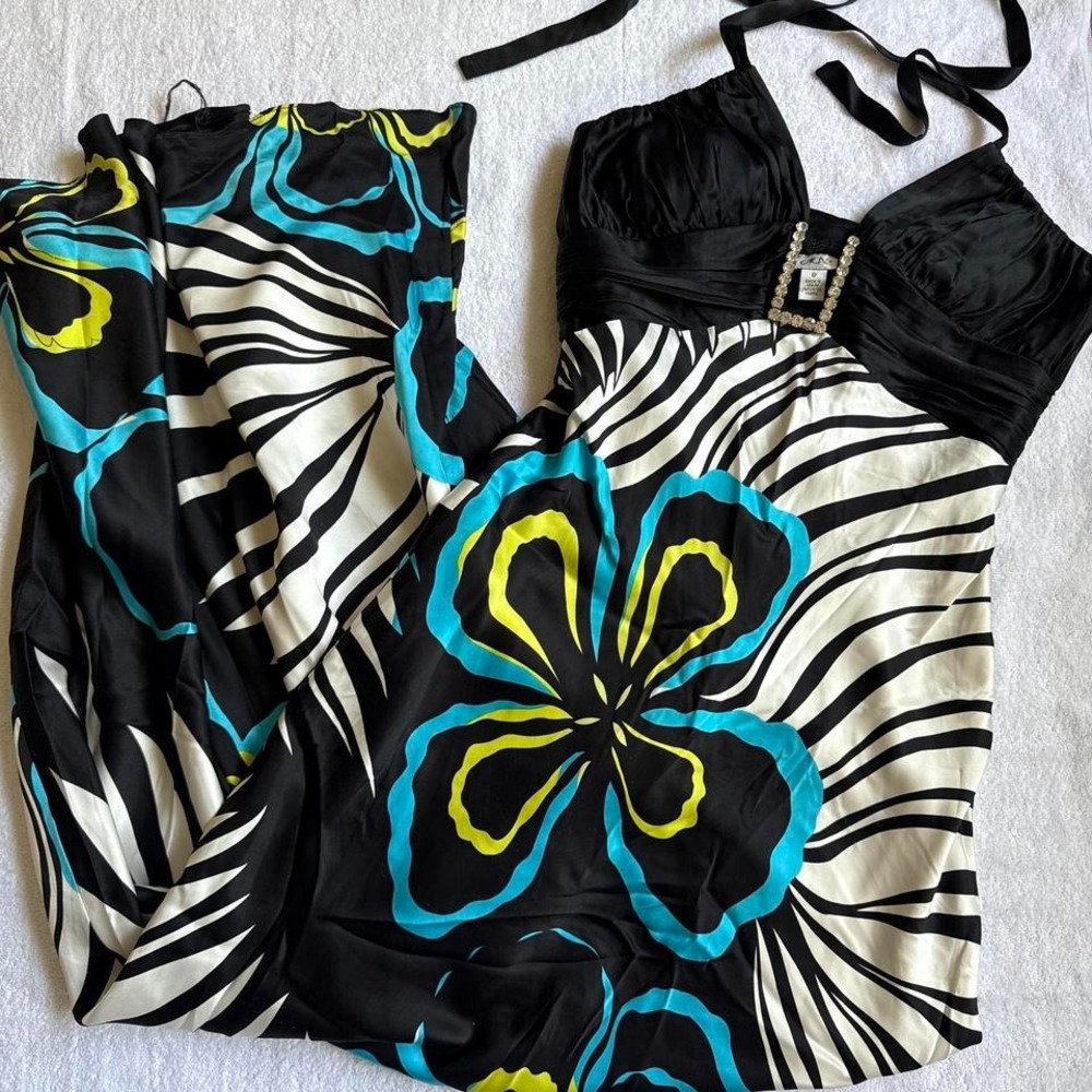 insane vintage cache black + blue summery floral print halter neck dress